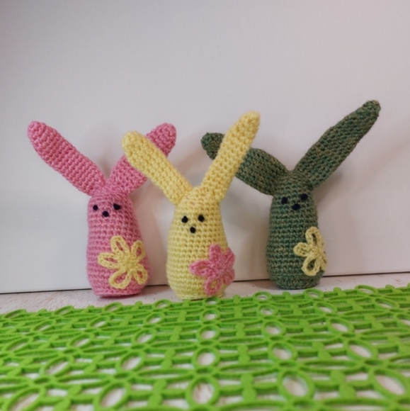 Three Cute Long Ear Bunnies with Flowers Handmade by me! Cute Decor or Gift Boho - Picture 10 of 12